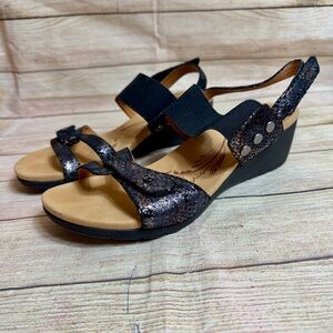 Revere Comfort Shoes Tahiti Wedge Sandal black metallic python. 41. 10 leather